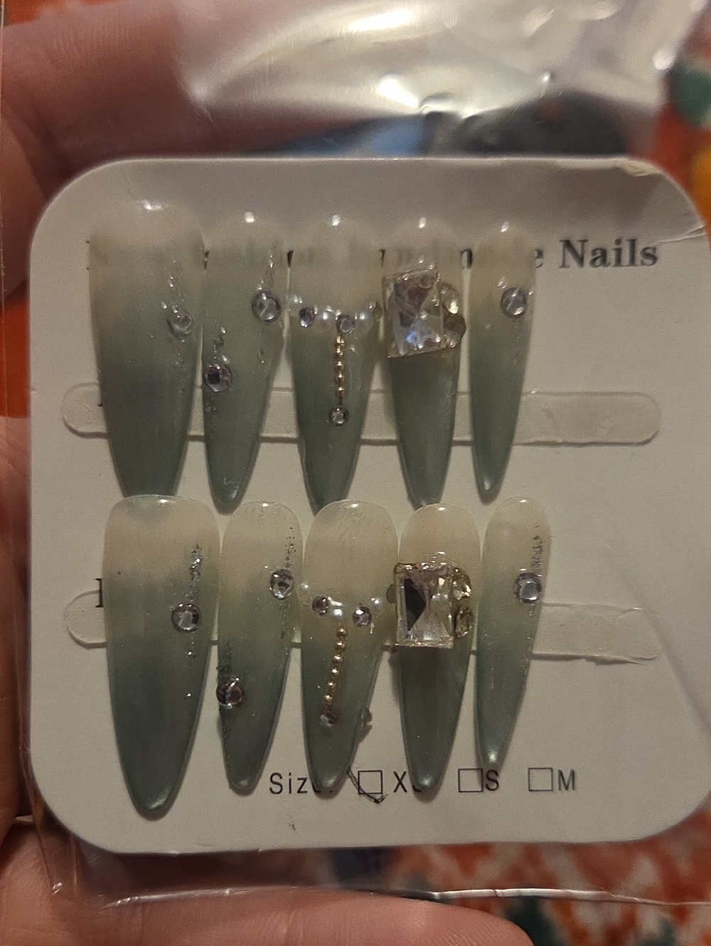♥️2 For $25♥️Olive Gradient Stiletto Press-On Nails with Rhinestones Handmade